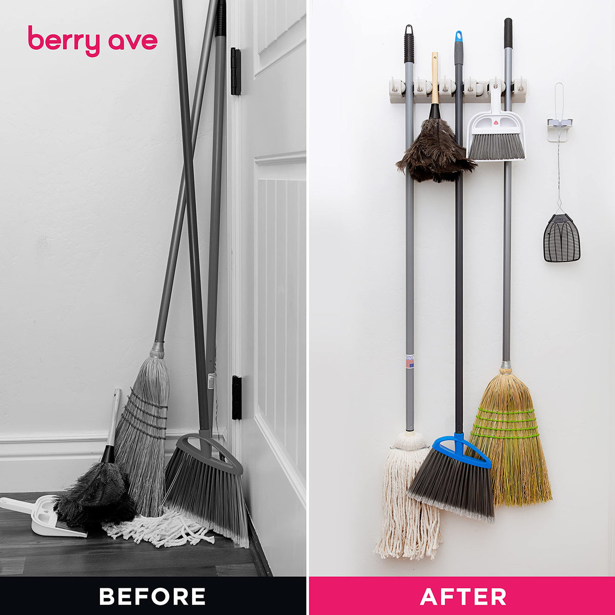 Berry Ave multi-purpose wall rack holds brooms, mops, rakes, and more.