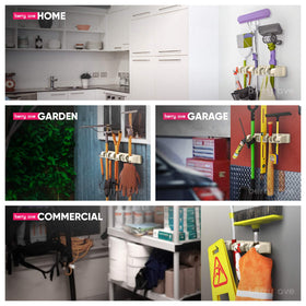 Berry Ave cleaning tool rack mounted on wall keeps garage and laundry essentials accessible.
