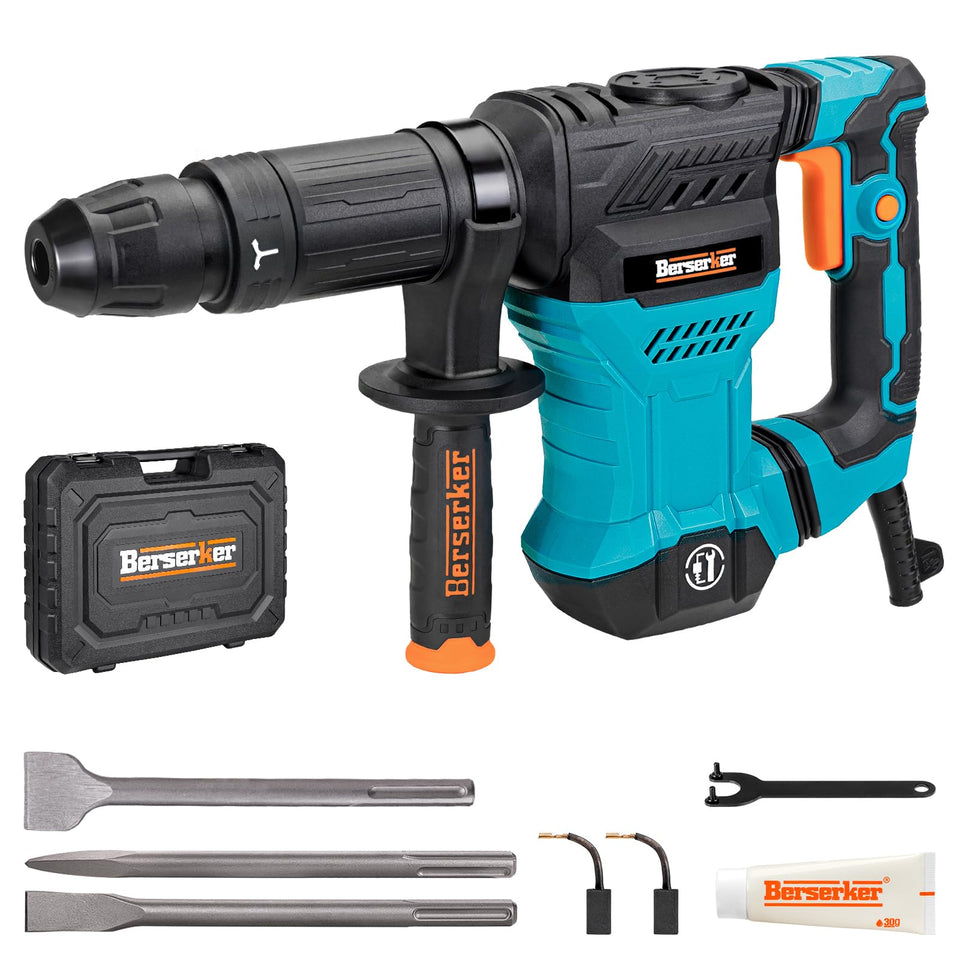 Berserker 1300W demolition hammer, front view, compact power for concrete removal