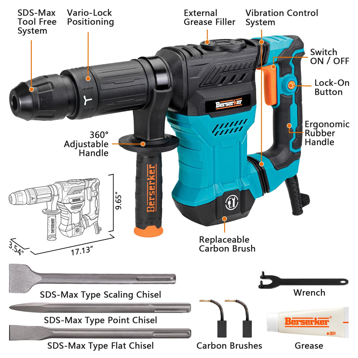 Berserker 1300W demolition hammer, side view, ergonomic grip for extended use