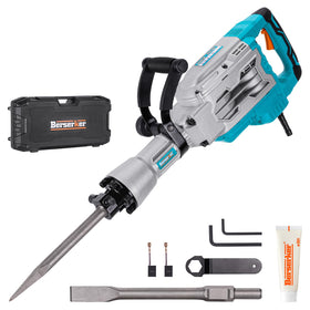 Berserker 1700W demolition jack hammer, front view, ideal for on-site use with case.