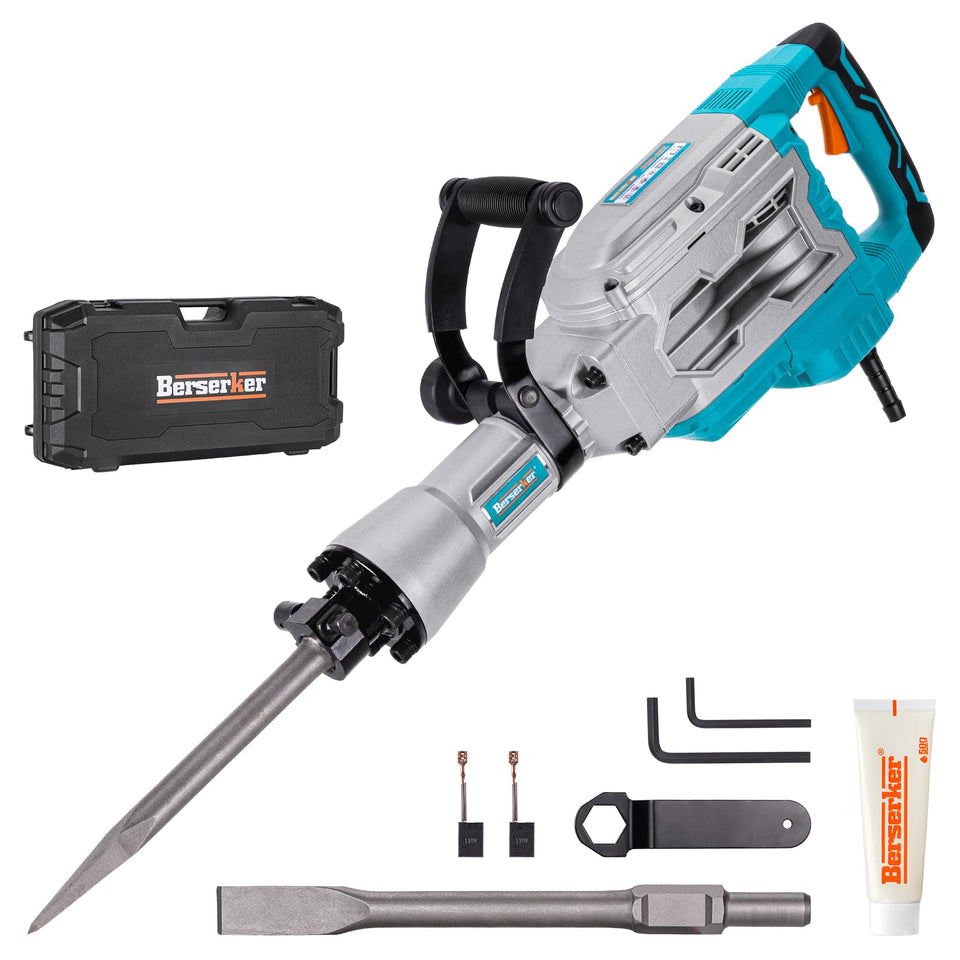 Berserker 1700W demolition jack hammer, front view, ideal for on-site use with case.