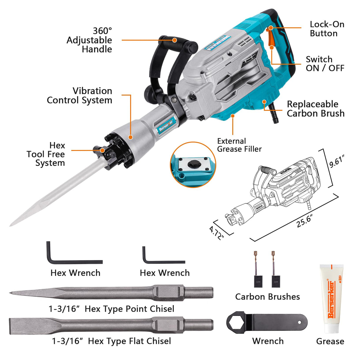 Berserker 1700W jack hammer shows tool-free hex bit changes for quick setup.