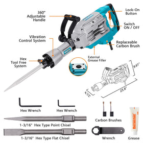 Berserker 1700W jack hammer shows tool-free hex bit changes for quick setup.