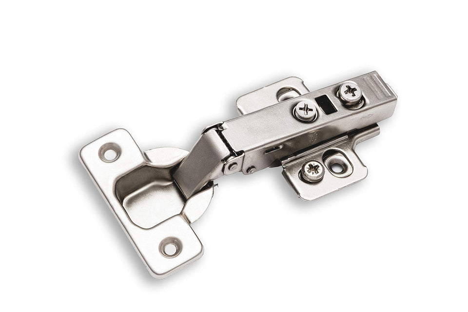 Berta full-overlay hinge demonstrates flush door alignment for frameless cabinets.