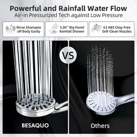 BESAQUO pause mode saves water while you soap or shave.