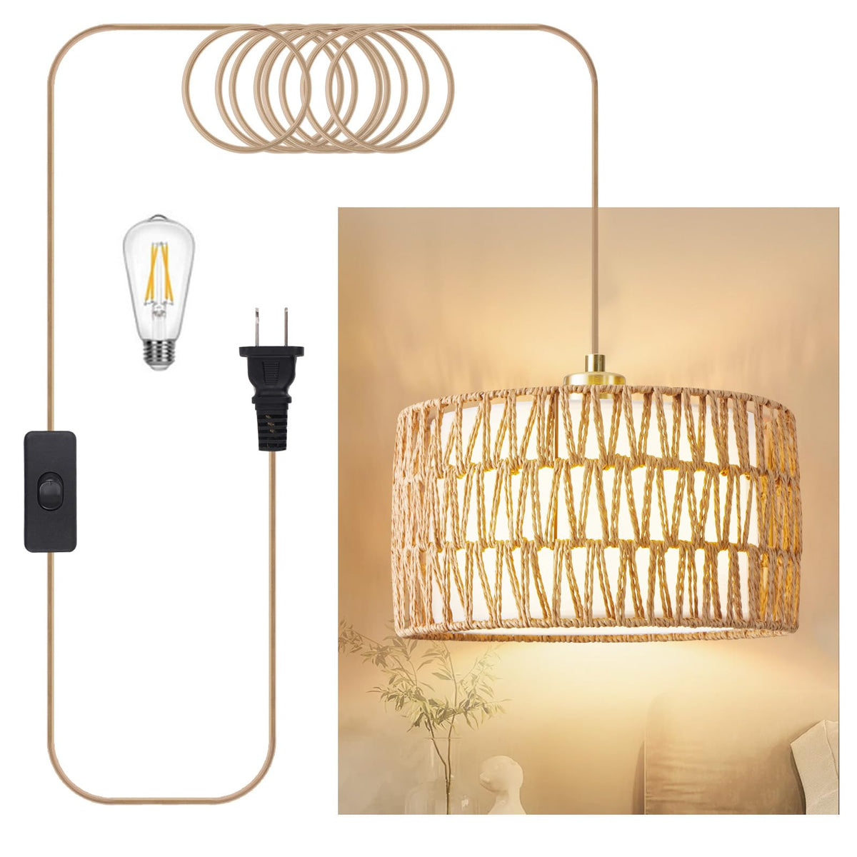 Beser·Win plug-in pendant light with rattan cage for warm ambience