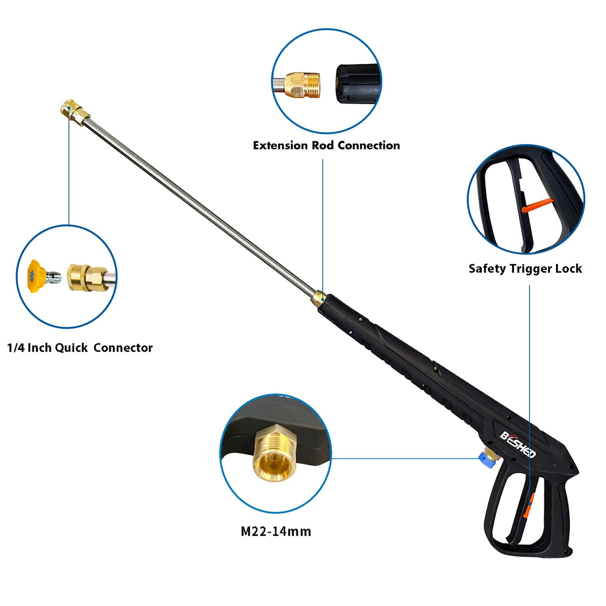 BESHED 37-inch extension wand extends reach for high areas.