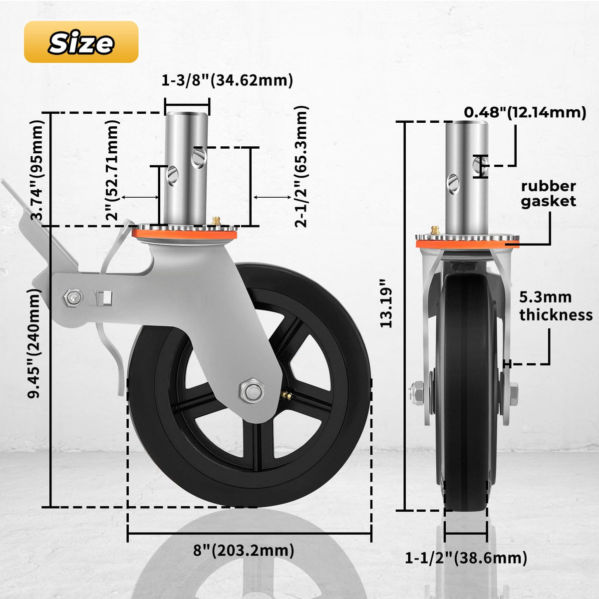 Besitu dual-locking brake wheel attached to scaffolding for safe, stable positioning