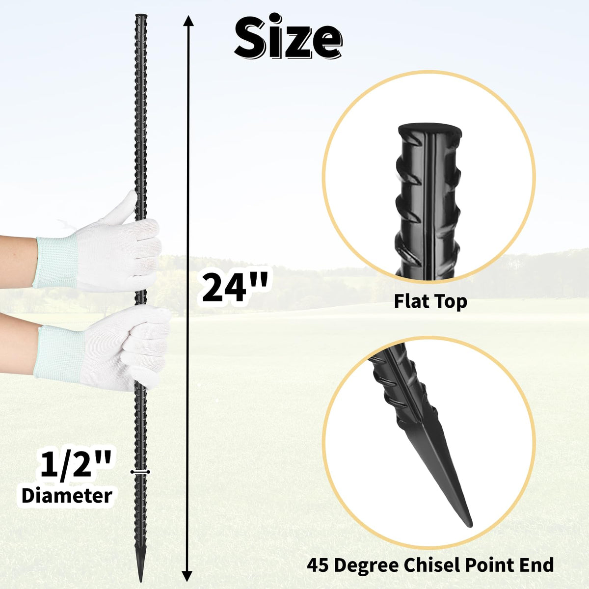 Besitu half-inch diameter stake with chisel point for easy soil drive.