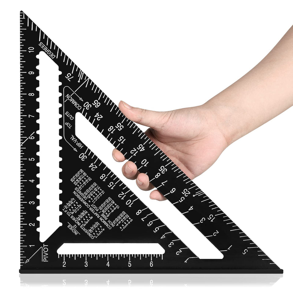 Beslands aluminum 12-inch rafter square with durable construction for precise layout on site.