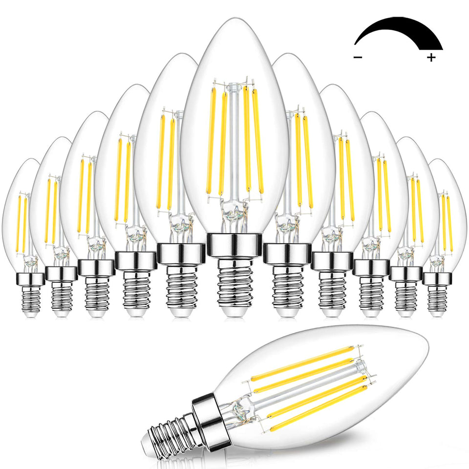 BesLowe 12-pack dimmable E12 LED candelabra bulbs in clear glass for chandeliers.