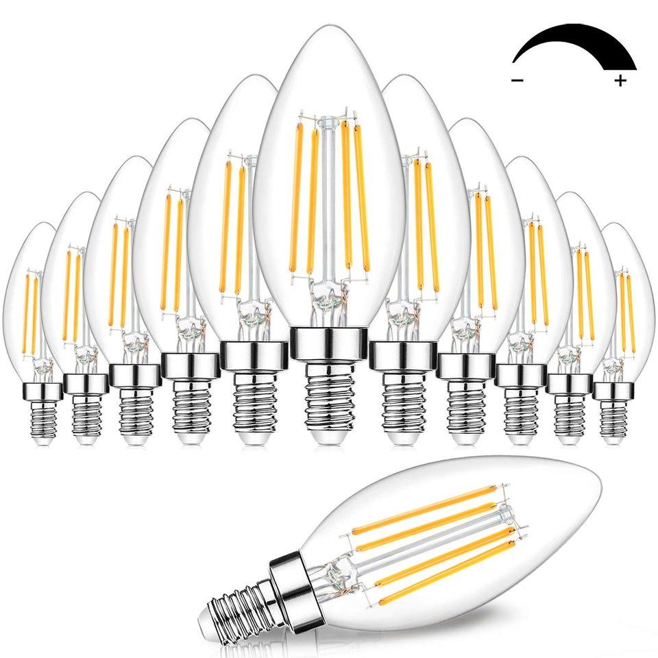 BesLowe 12-pack E12 LED candle bulbs with clear glass for chandelier lighting and warm ambiance.