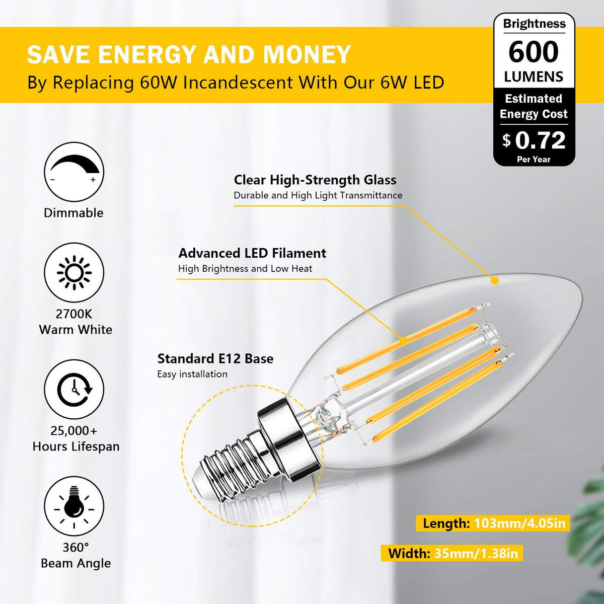 BesLowe 2700K soft white filament bulb for cozy ambiance
