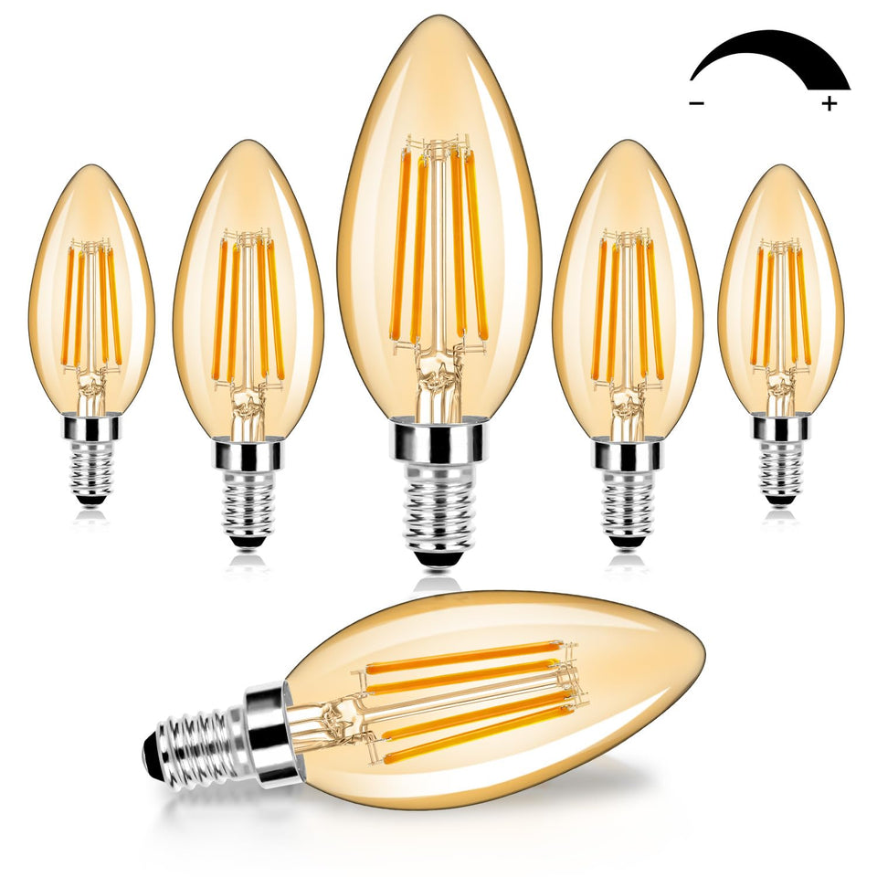 BesLowe six-pack dimmable LED candle bulbs in amber glass for warm dining ambiance.