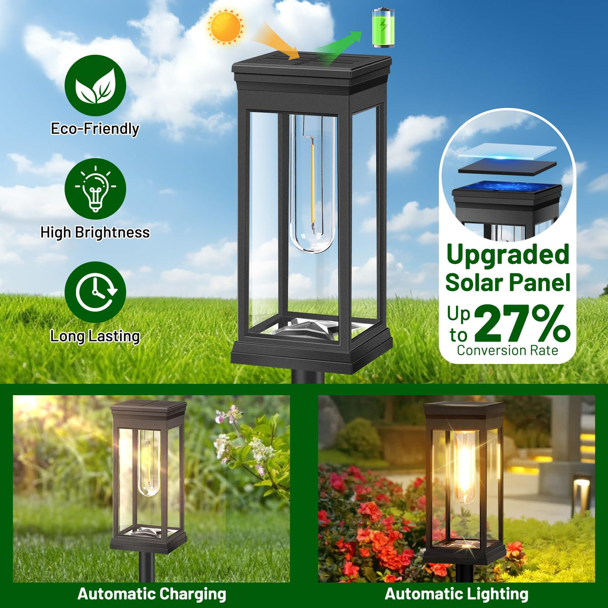 BesLowe 8-pack solar pathway lights, waterproof and weather-ready along a garden edge.