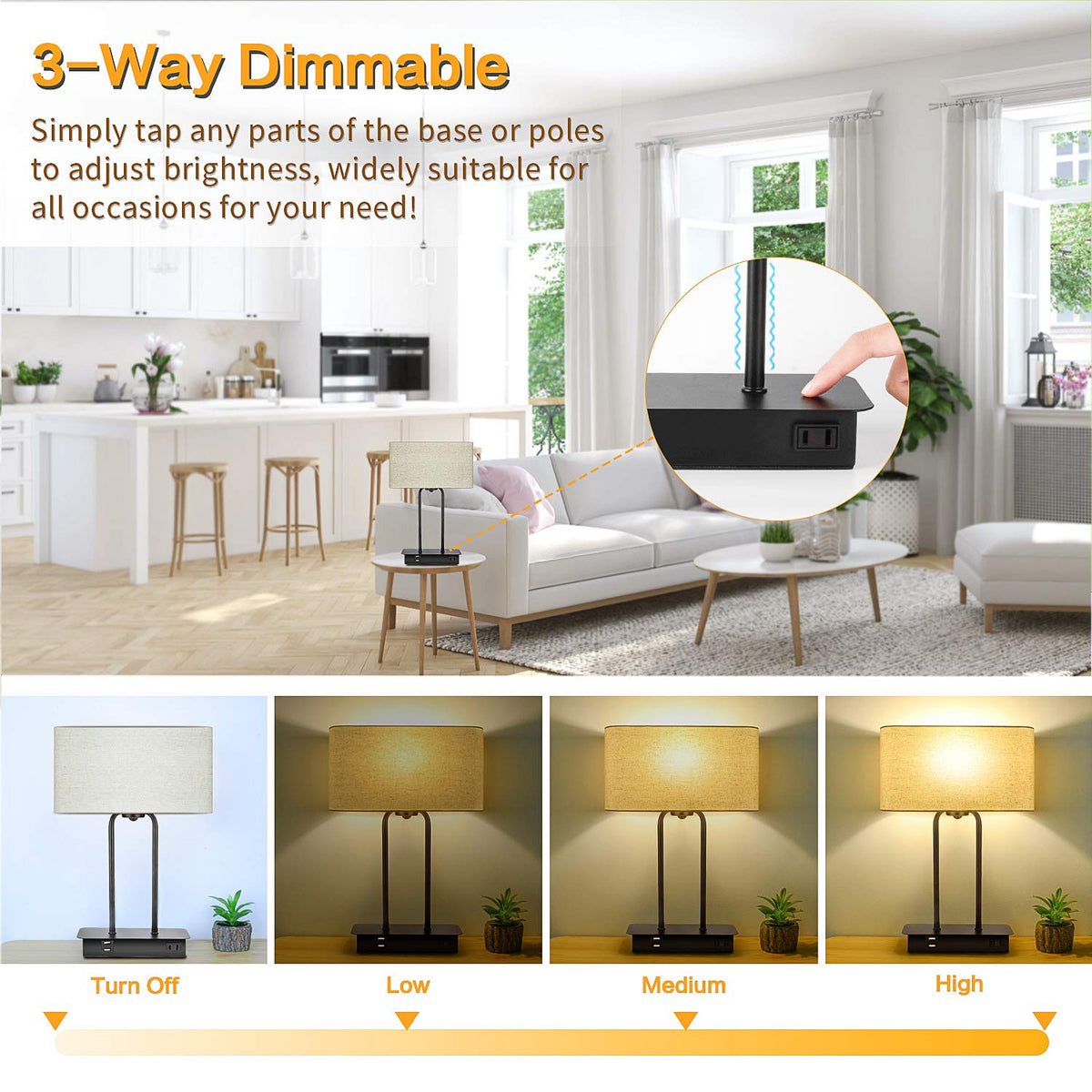 BesLowe bedside lamp with USB ports and AC outlet for convenient charging.