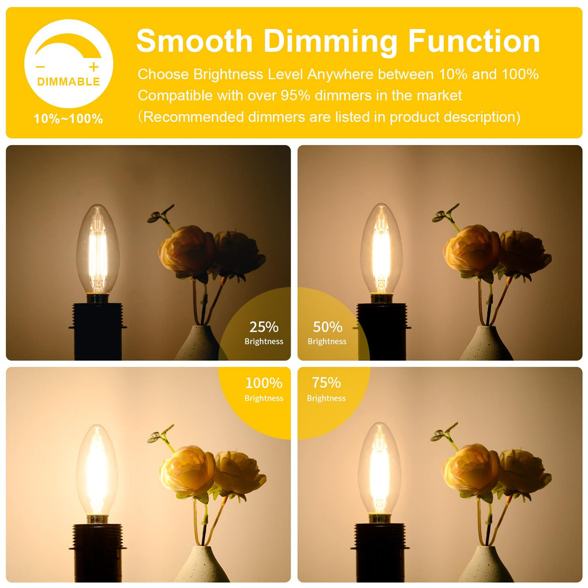 BesLowe fully dimmable bulbs work with most dimmers for adjustable mood.