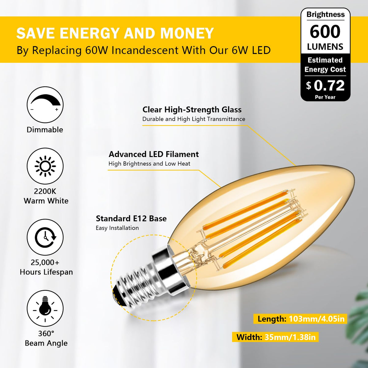 BesLowe E12 candle bulbs with LED filaments add vintage chandelier charm.