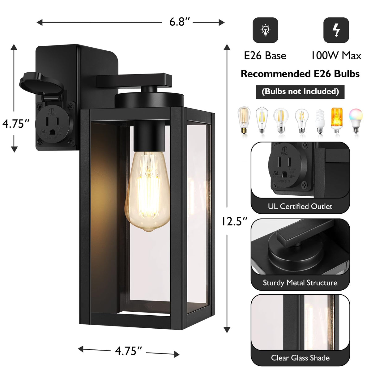 BesLowe outdoor lamp with E26 base supports LED and other bulbs up to 100W.