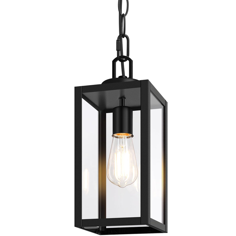 BesLowe outdoor pendant light in black with adjustable height chain for porches.