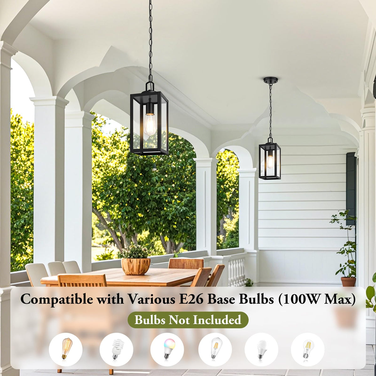 BesLowe pendant light with adjustable chain for versatile ceiling heights on exterior.