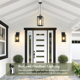 BesLowe black finish pendant elevates porch ambiance and curb appeal.