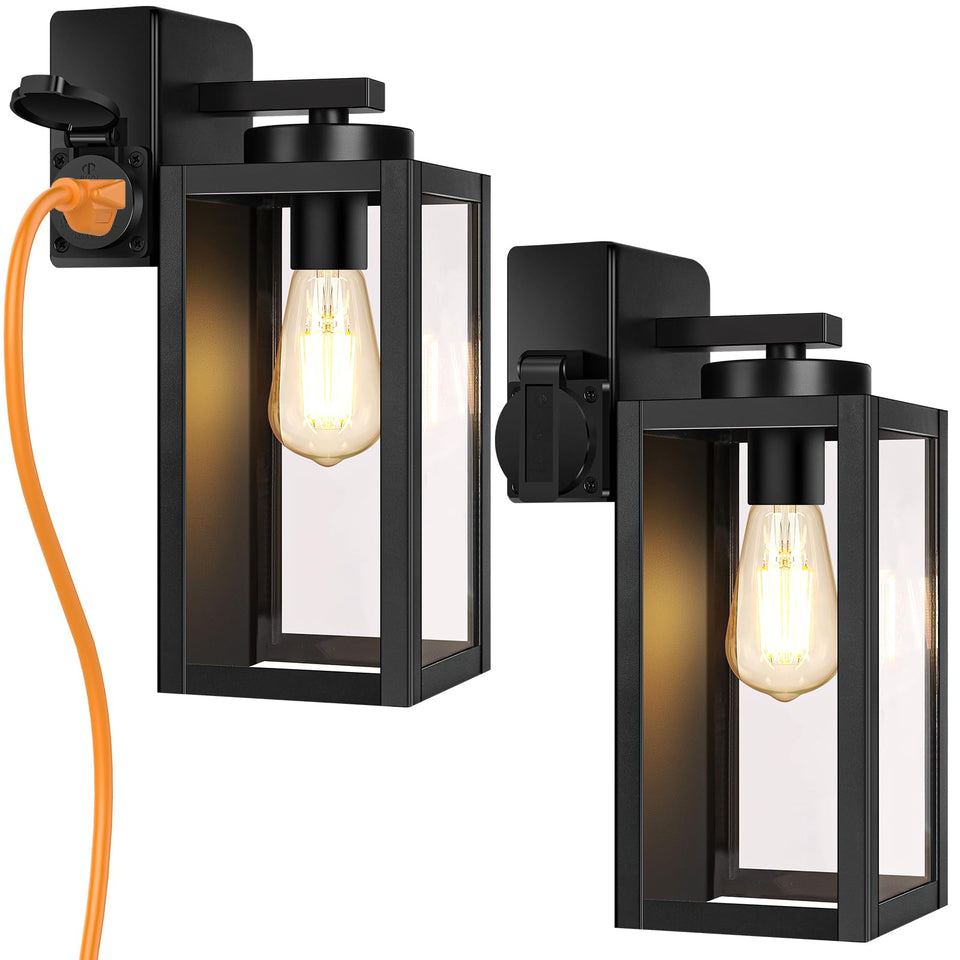 BesLowe porch lights with outlet in matte black illuminating entry and outdoor power.