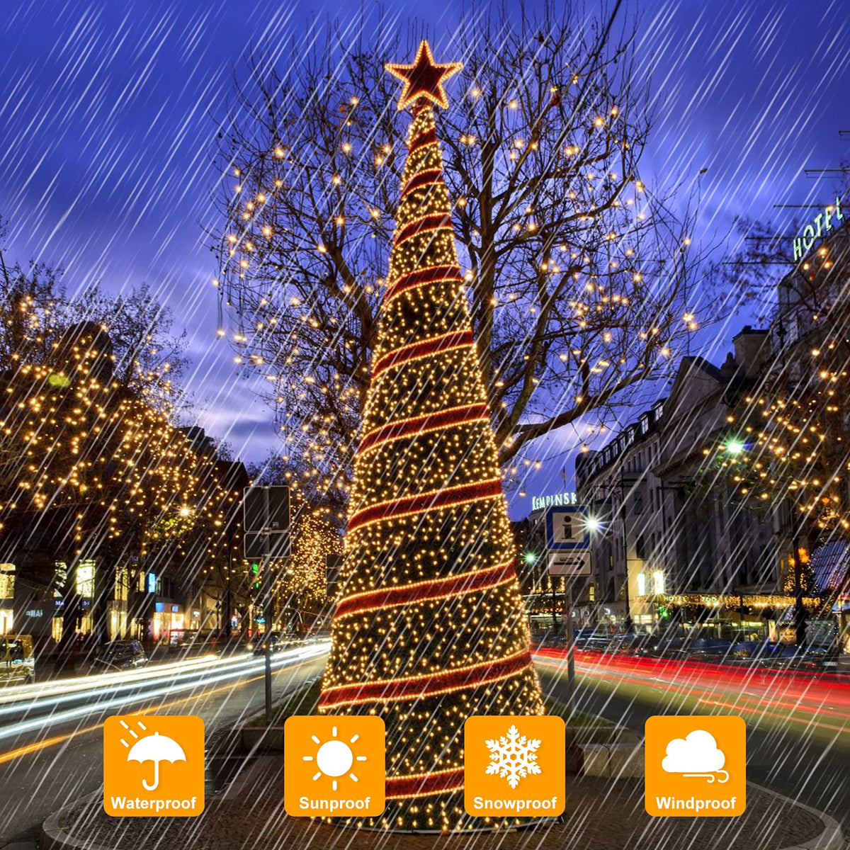 BesLowe tree-wrapping lights twinkle around branches at night.
