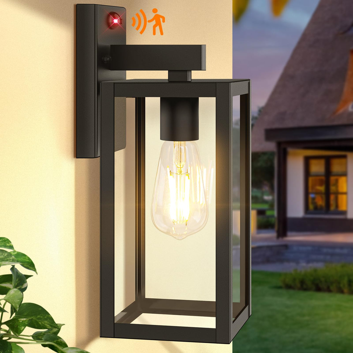 BesLowe upgraded motion sensor outdoor wall light, front view, durable black finish.