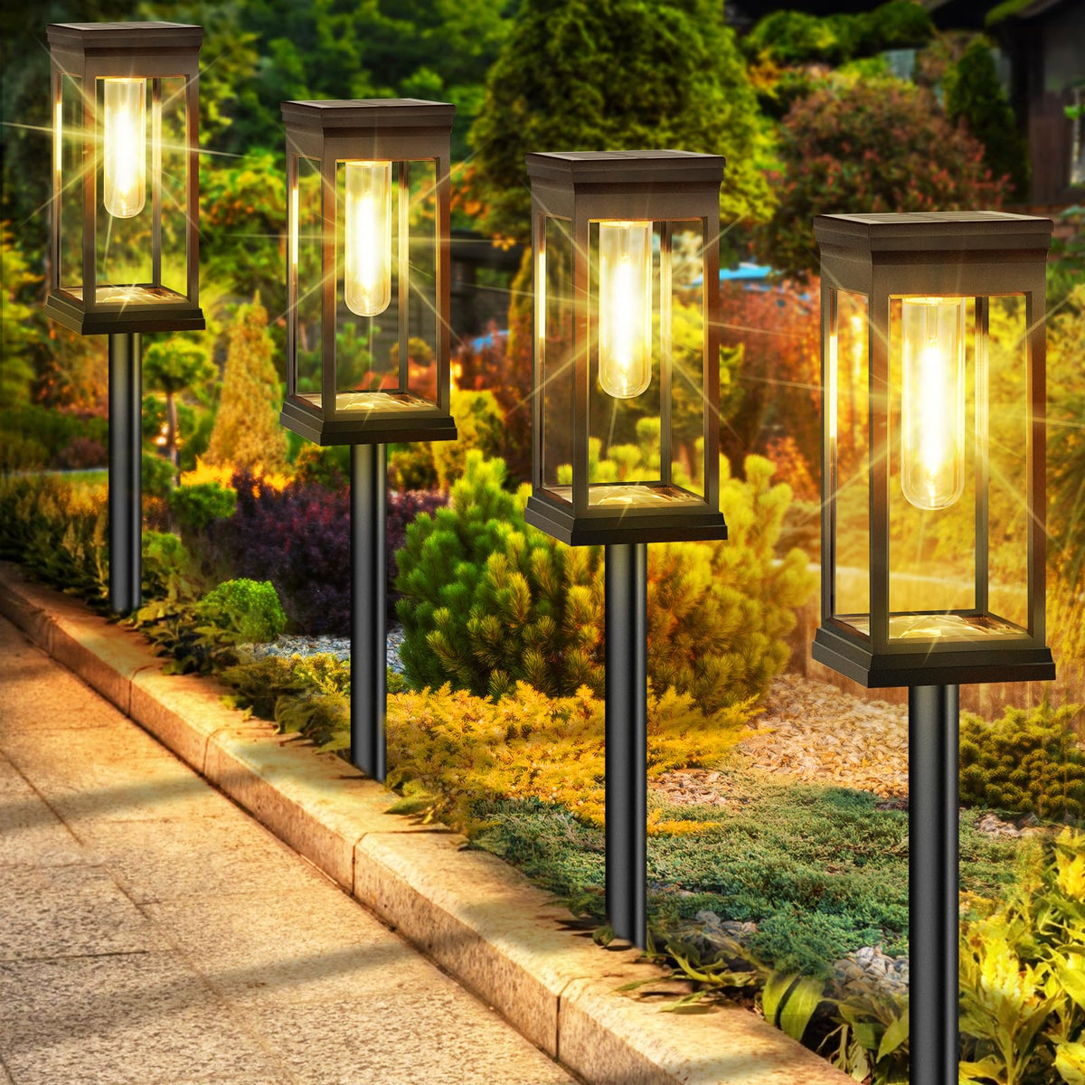 BesLowe upgraded solar pathway light, front view, tall sleek design with bright illumination along a path.