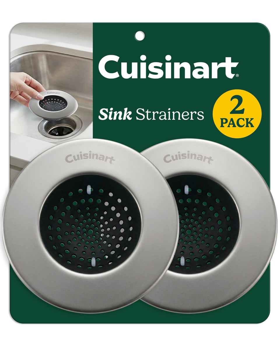 Cuisinart sink strainer with enamel rim catches debris while protecting metal surfaces