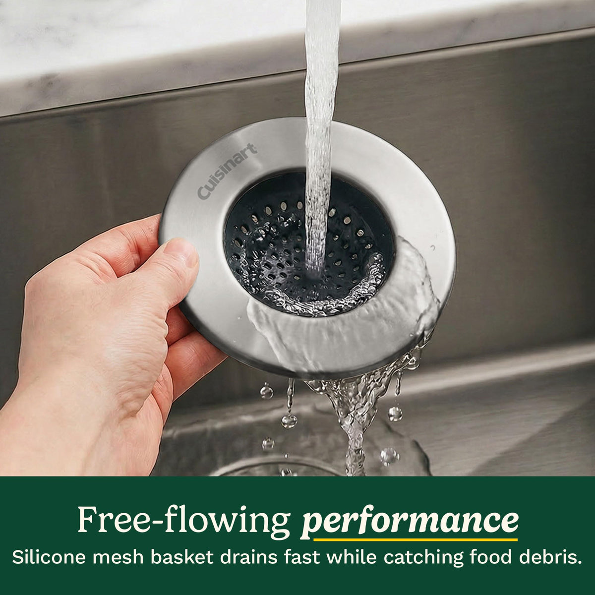 Cuisinart strainer shows silicone base protecting sinks from scratches during daily use