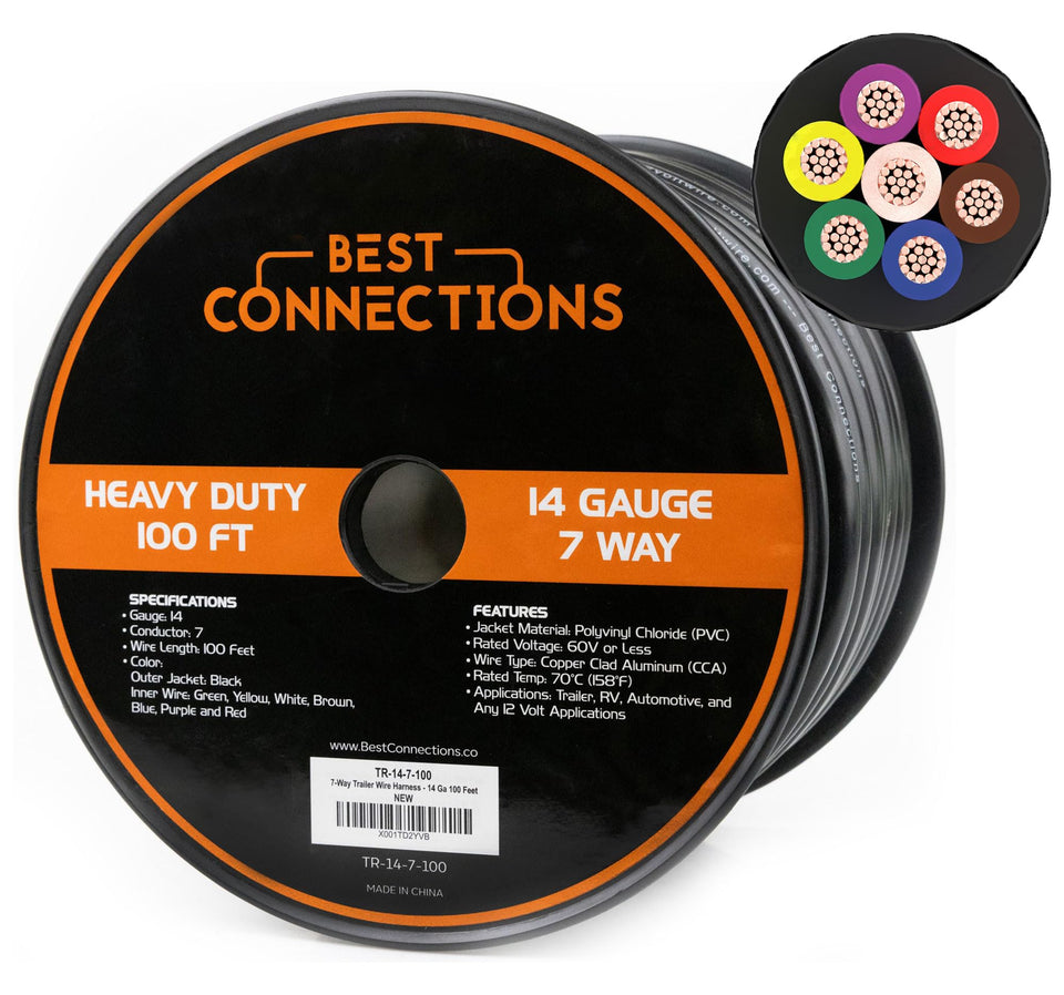 BEST CONNECTIONS 7-Way trailer wire 100ft coil for durable towing setups.