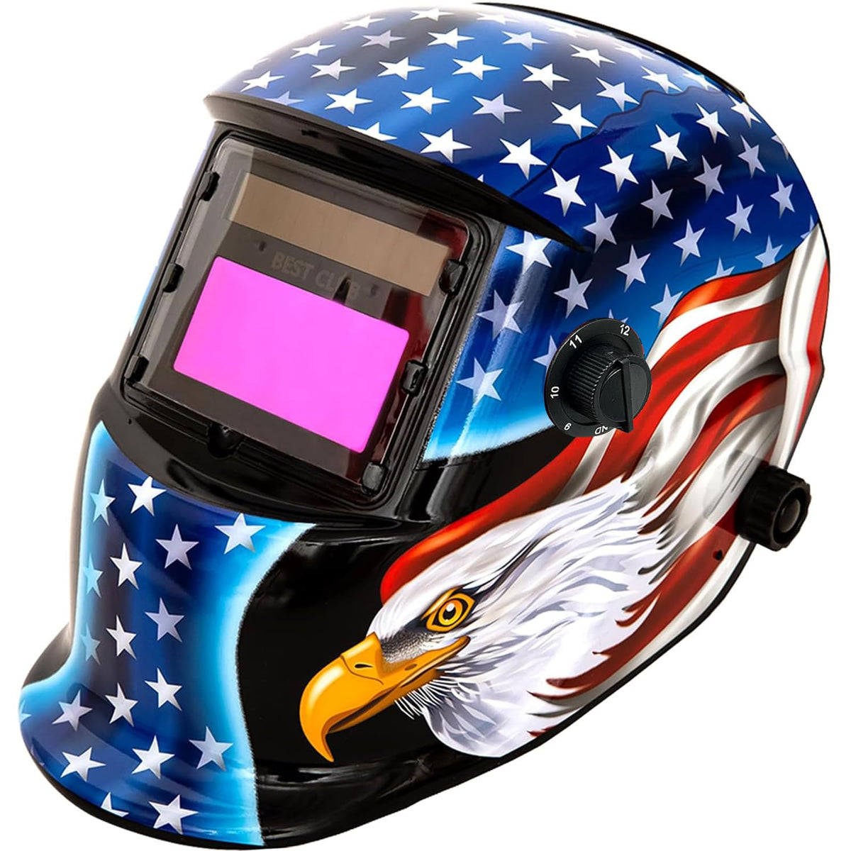 BESTCLUB welding helmet front view with true color clarity for precise puddle inspection.