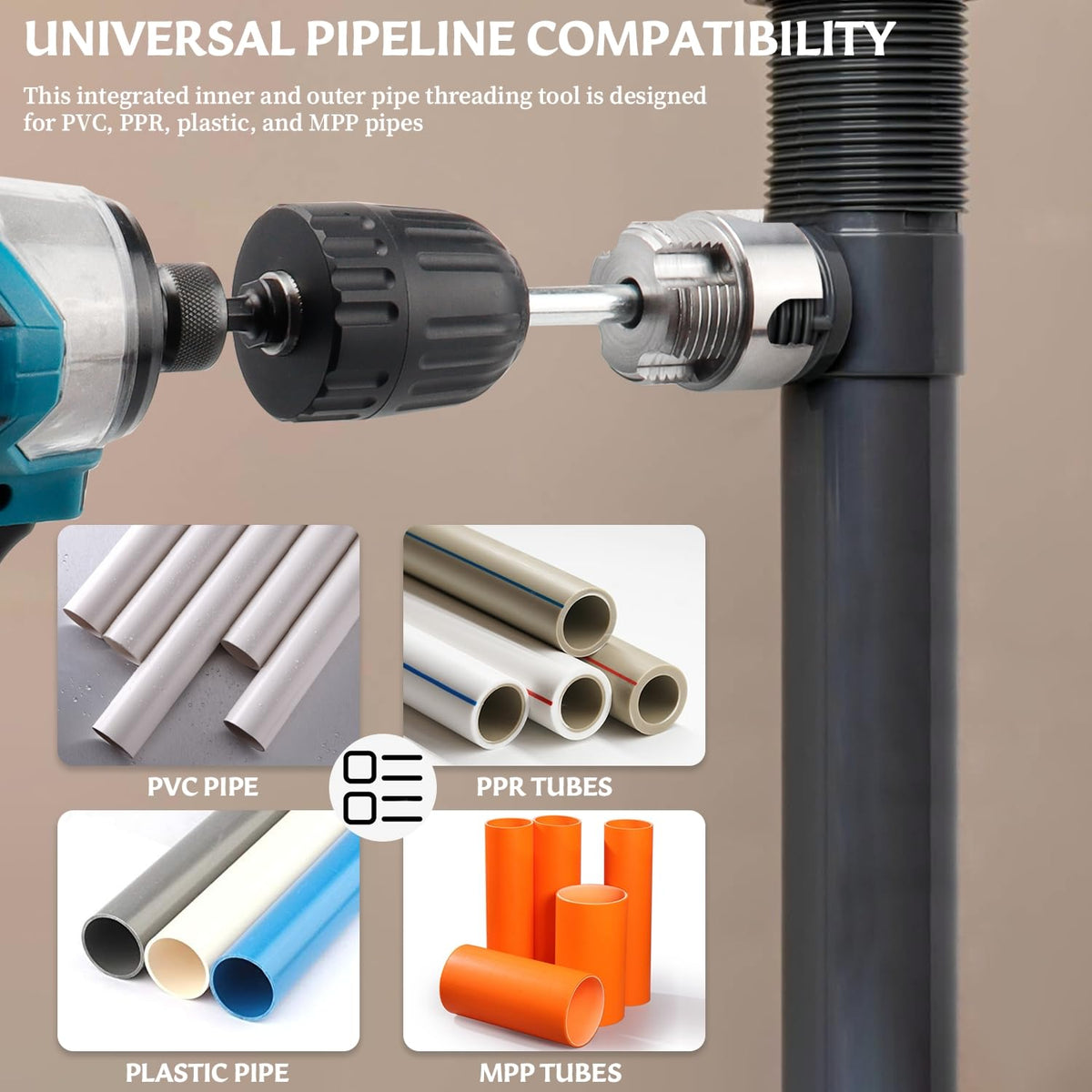 Bestgle drill-compatible pipe threader with 1/4 inch hex shank.