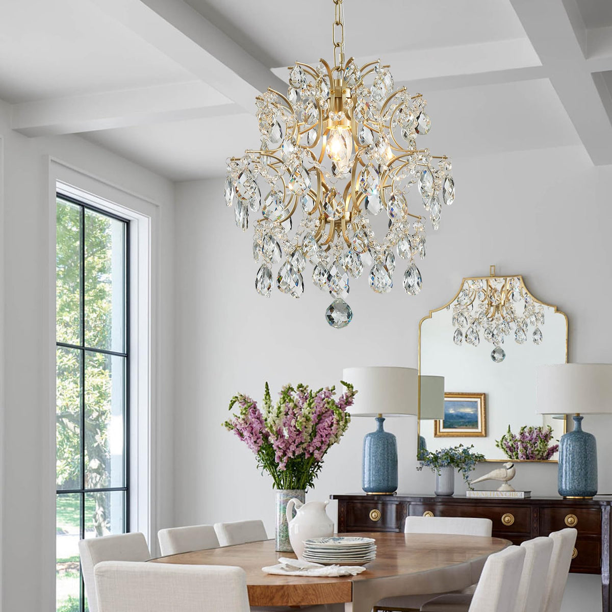 Bestier Gold Modern Pendant fixtures create dining room ambiance with crystal shine.