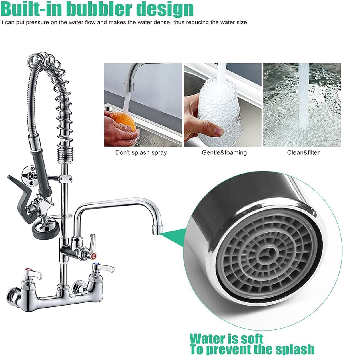 BESTJEEF 18-inch hose offers flexible reach and 360° swiveling spray.