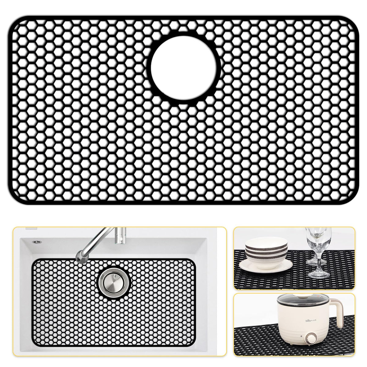Bestjing silicone sink mat 26x14 fits large farmhouse sinks and protects from scratches.