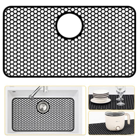 Bestjing silicone sink mat 26x14 fits large farmhouse sinks and protects from scratches.