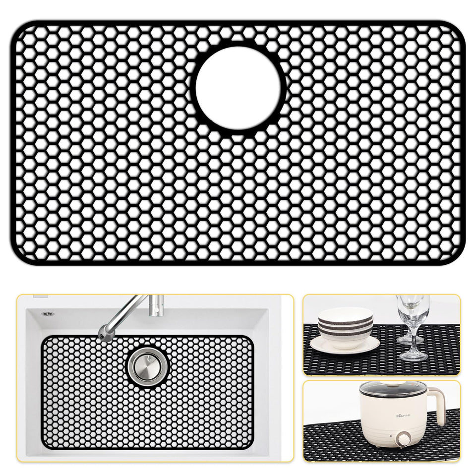 Bestjing silicone sink mat 26x14 fits large farmhouse sinks and protects from scratches.
