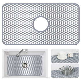 Bestjing silicone sink mat with center drain protects farmhouse sink from scratches