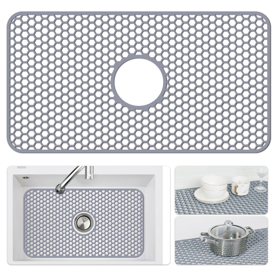 Bestjing silicone sink mat with center drain protects farmhouse sink from scratches