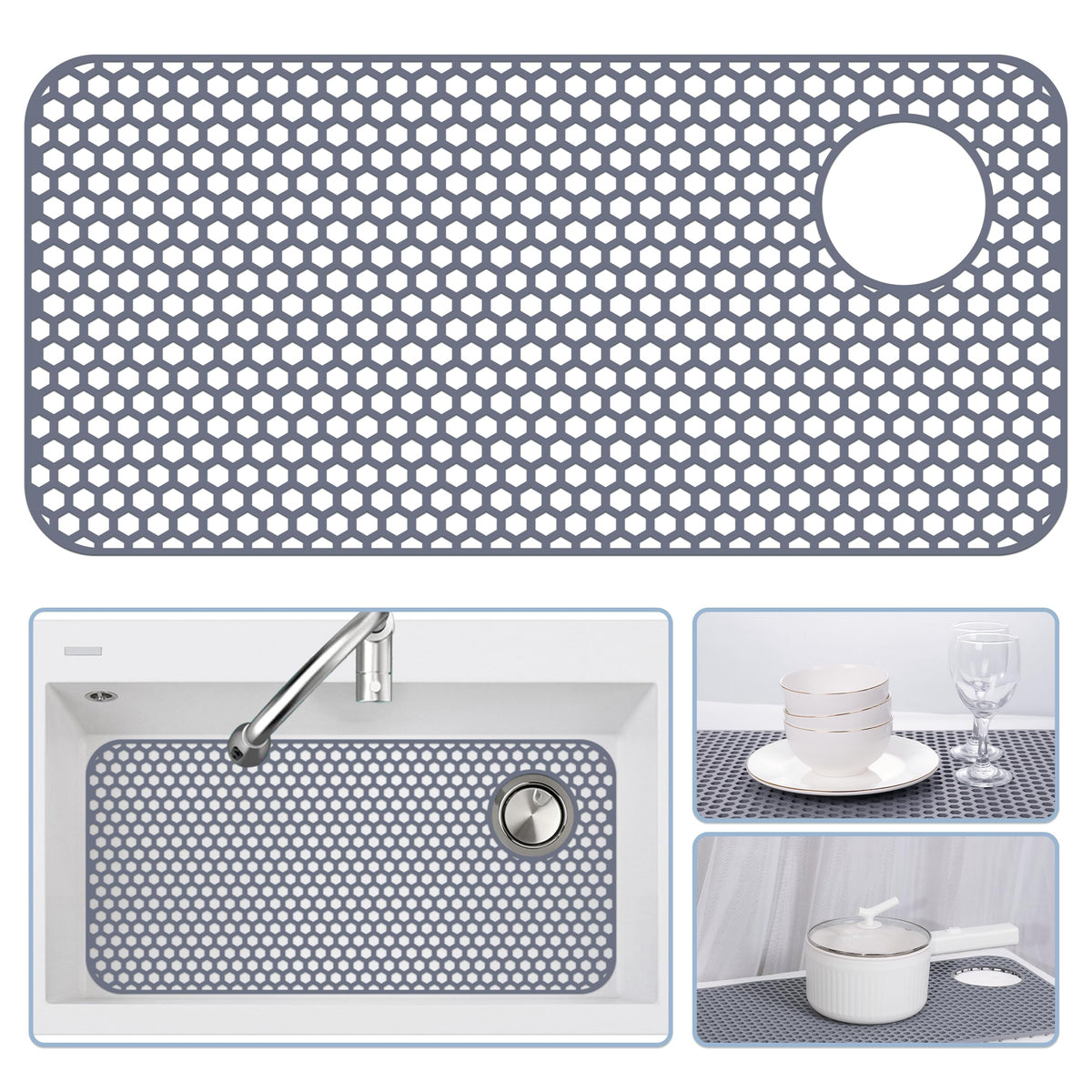 Bestjing silicone sink mat with top-right drain hole protects large farmhouse sinks and aids air-drying