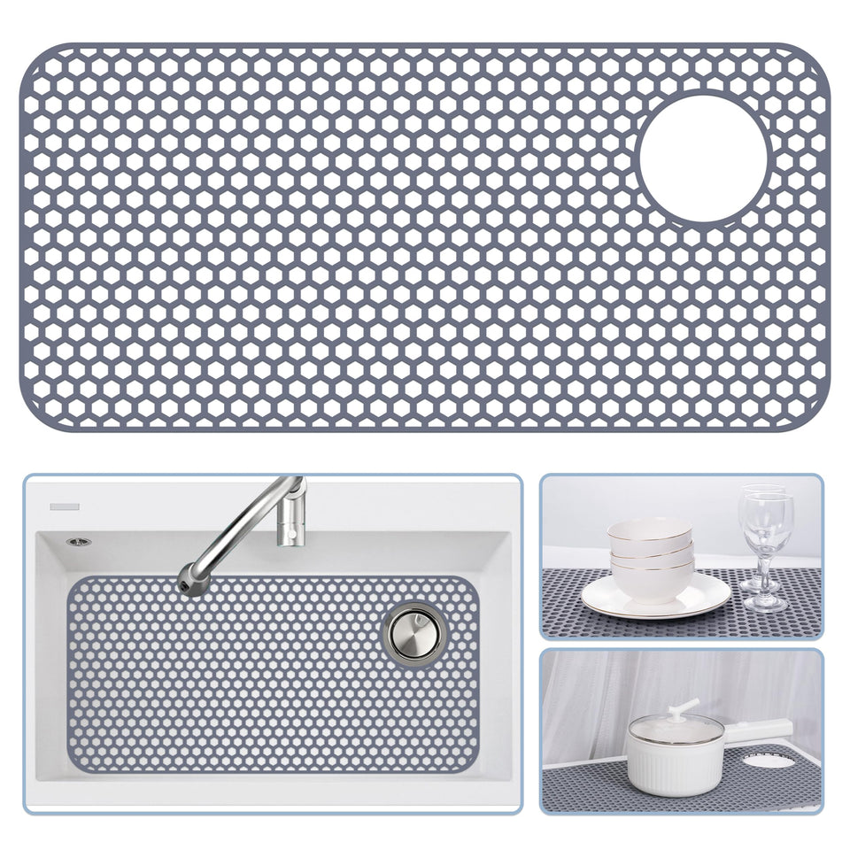 Bestjing silicone sink mat with top-right drain hole protects large farmhouse sinks and aids air-drying