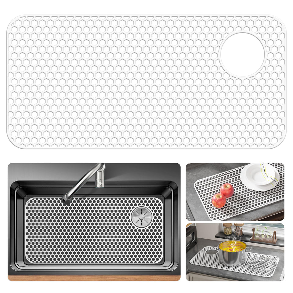 Bestjing silicone sink protector shown at the top-right drain hole protects the sink bottom