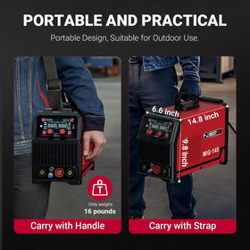 BESTMIG 145A portable design with handle and strap supports easy transport to the job