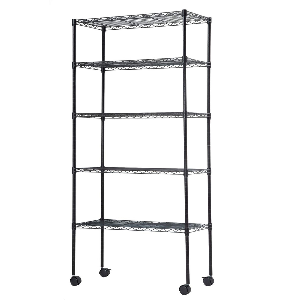 BestOffice 5-tier shelf with wheels, front view, ideal for organized kitchen or garage.
