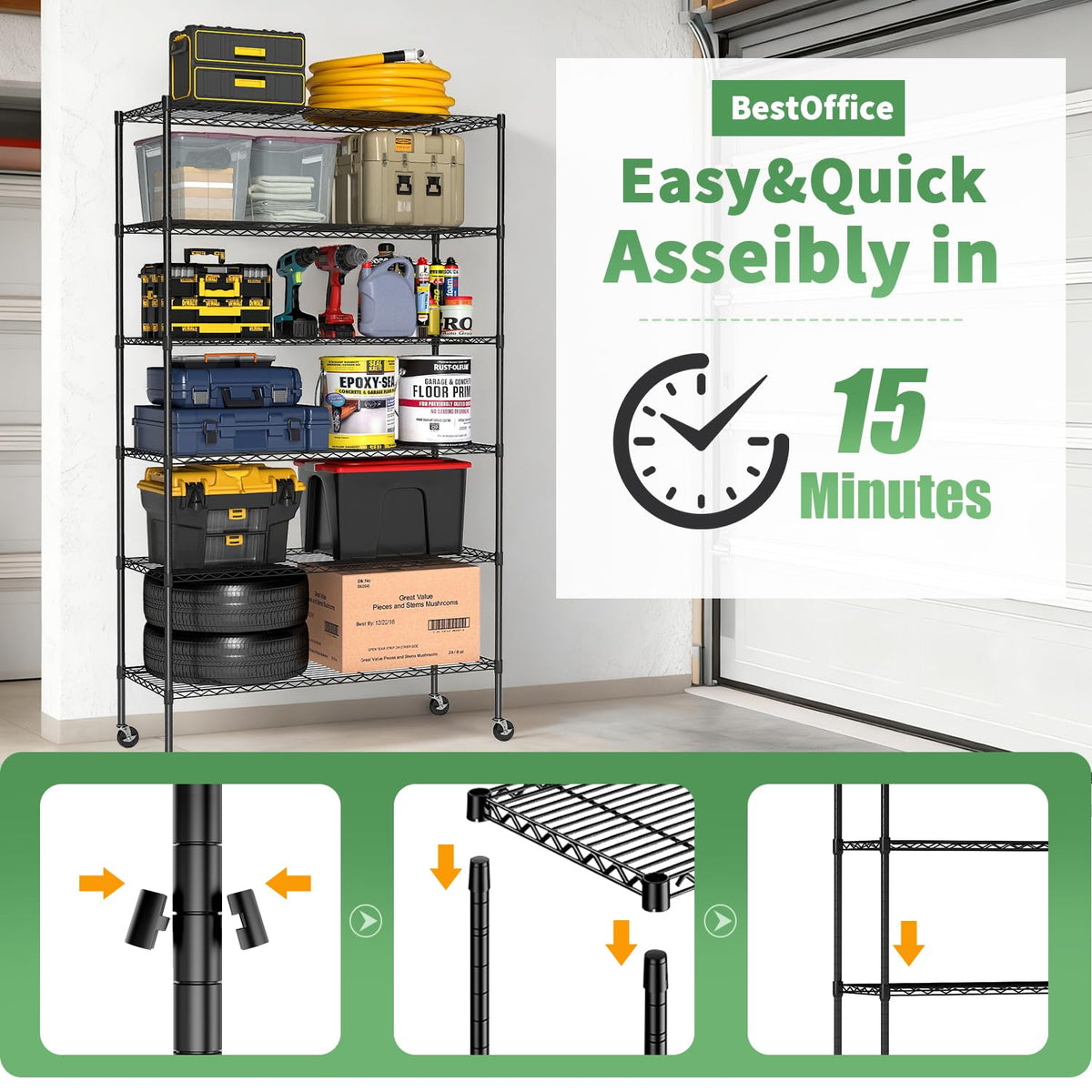BestOffice black finish shelving unit adds a sleek, corrosion-resistant look.