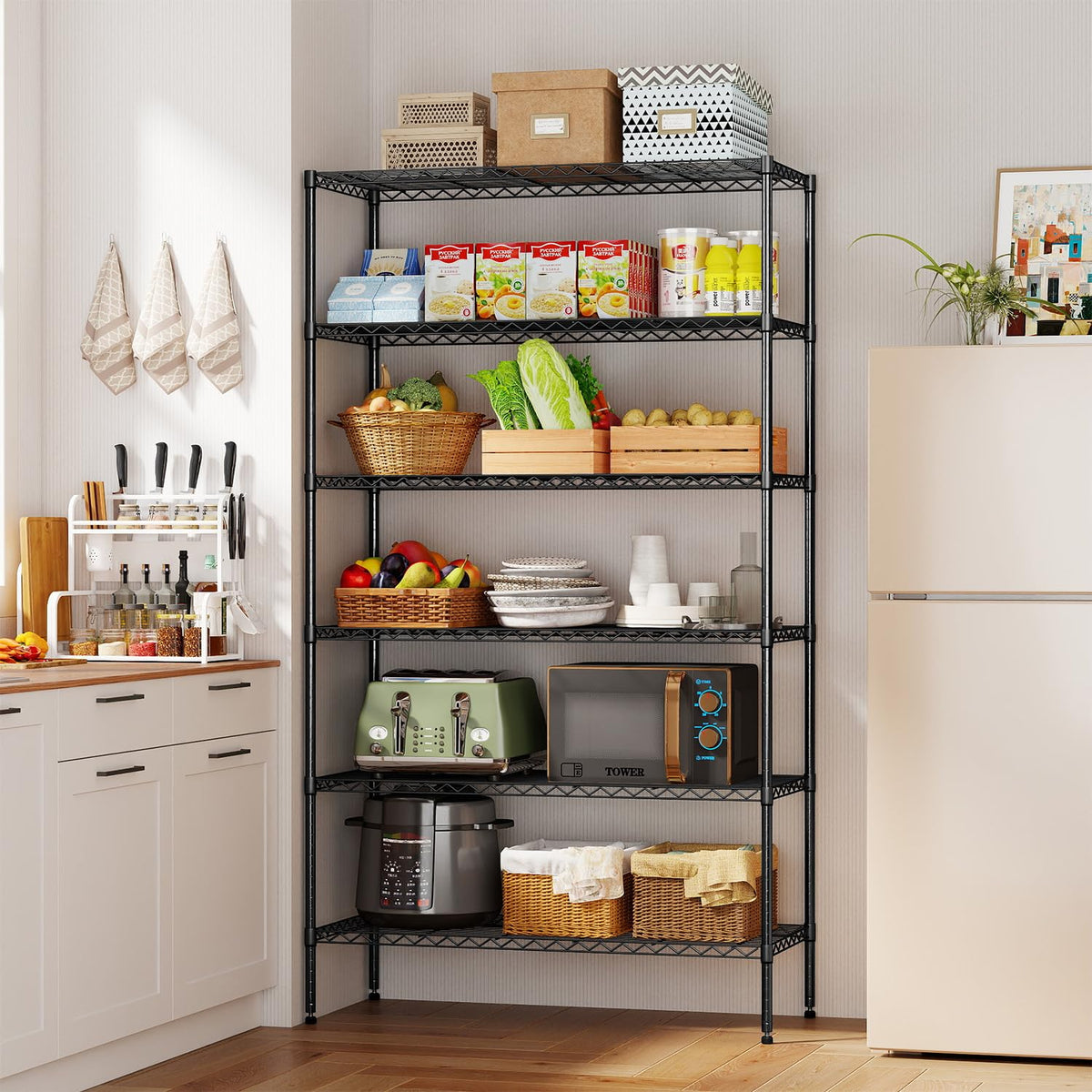 BestOffice wire shelf with adjustable tiers for customized storage.